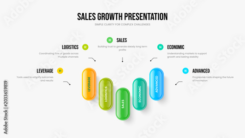 Marketing Performance Five Element Diagram Slide Template. Digital Overview 5 Step Infographic Frame Design. Corporate Forecast Presentation Layout Vector Illustration.