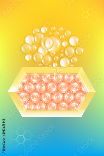 Hyaluronic acid and Niacinamide hair and skin solutions ad, yellow collagen serum drops into skin cell with cosmetic advertising background ready to use, illustration vector.	