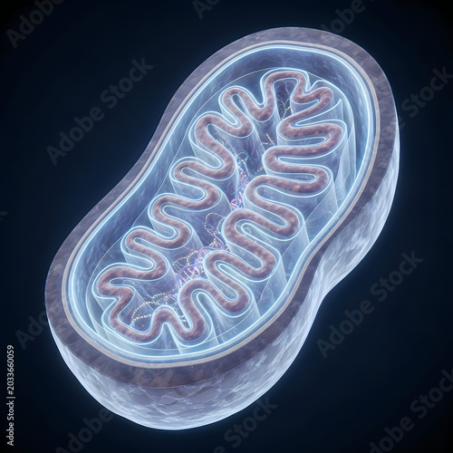Mitochondria, cell organelle, biological structure, 3D illustration, cellular component