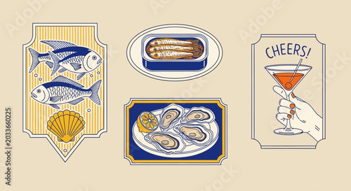 vintage seafood and drink illustrations depicting fish oysters sardines and a cocktail in classic label style for menus.