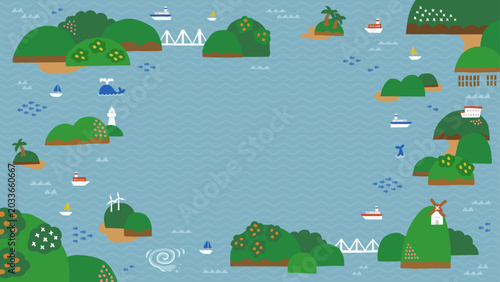 海と島々の風景イラスト　背景・フレーム素材（横向き16:9）
