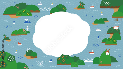 海と島々の風景イラスト　背景・フレーム素材（横向き16:9）
