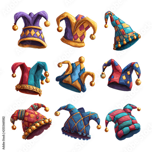 Vibrant Set of Colorful Jester Hats and Medieval Fool Caps for Festive Events
