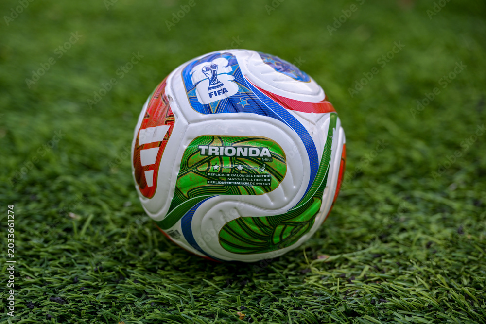 Naklejka premium May 7, 2026, United States. The official ball of the 2026 FIFA World Cup Adidas Trionda on the green lawn of the stadium.