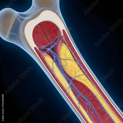 Anatomical human femur, bone structure, vascular system, medical illustration