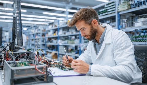 Male electronics technician in a white lab coat inspecting and repairing a circuit board in a professional electronics workshop