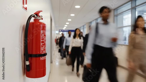 Red fire extinguisher mounted on wall in busy office corridor with busy employees walking through hallway. Business building interior hallway safety equipment.