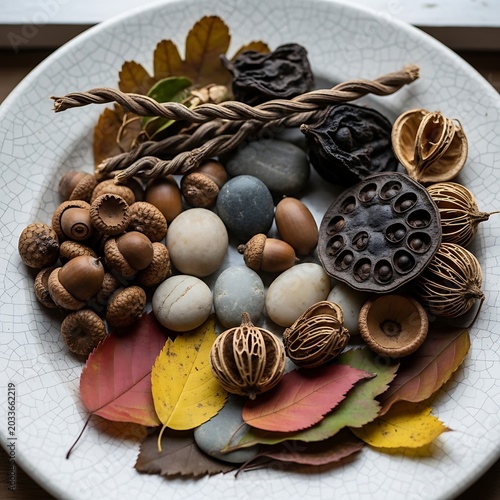A collection of autumn harvest items and natural treasures on a white plate.