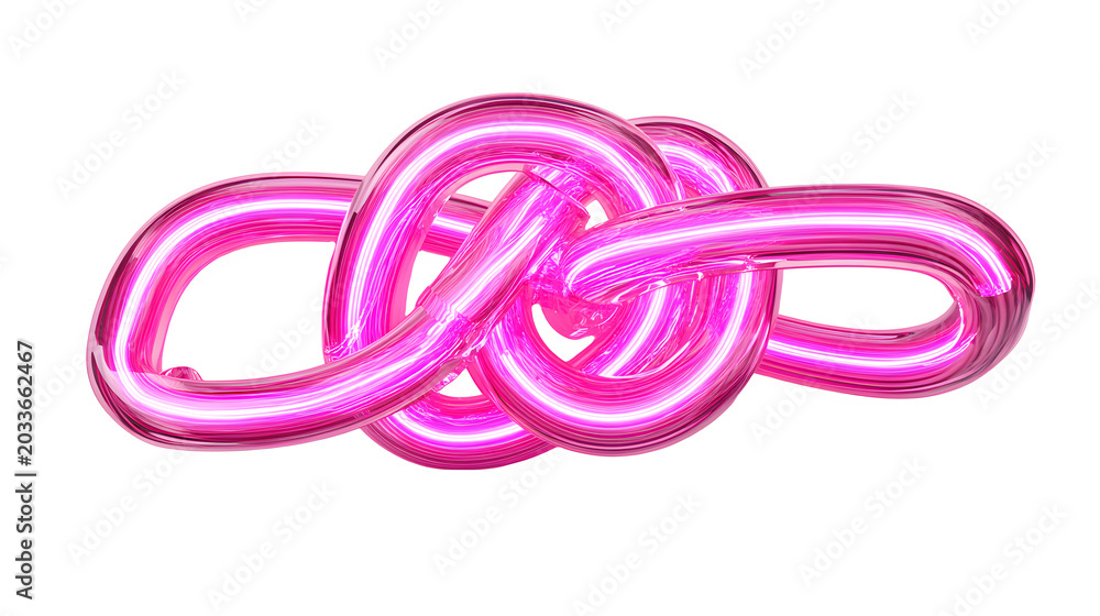 Naklejka premium Vibrant pink neon light tube sculpture tied in a complex knot on white background