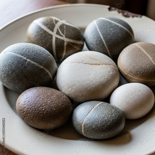 A Collection of Smooth Polished Stones in a Ceramic Bowl.