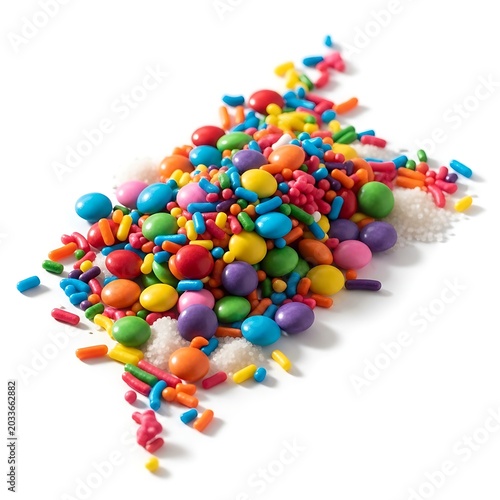 A colorful pile of various candy sprinkles and chocolate drops on a white background.