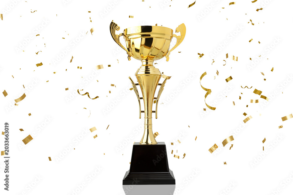 Obraz premium Trophy, Golden cup on black base, confetti nearby, PNG