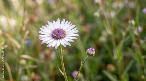 Title: Close-up white daisy flower with purple center and green bud

