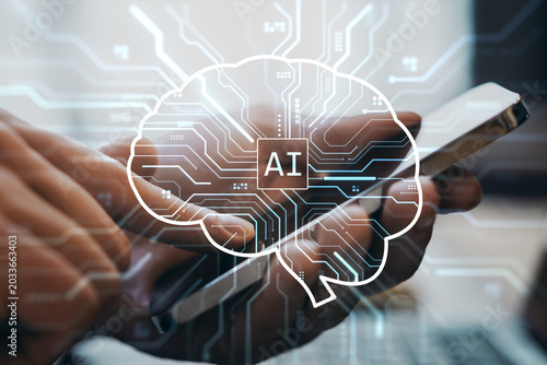 Digital brain circuitry hologram over hands using smartphone showing modern a...