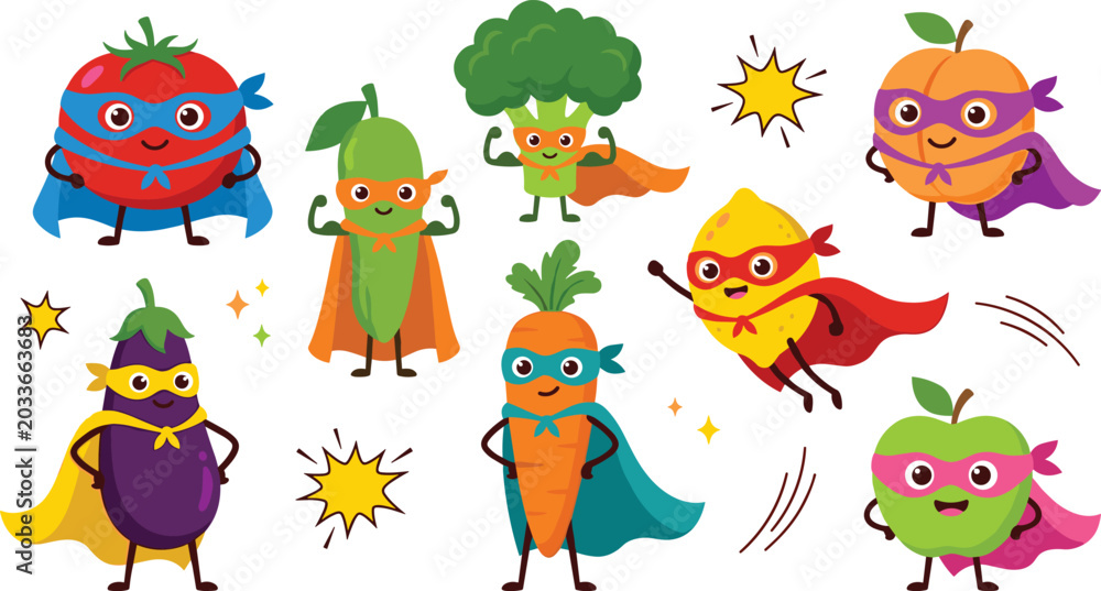 Obraz premium Cute Superhero Fruits and Vegetables Vector Illustration Set Featuring Tomato, Broccoli, Carrot, Lemon, Eggplant, Cucumber, Peach, and Green Apple Cartoon Mascot Characters