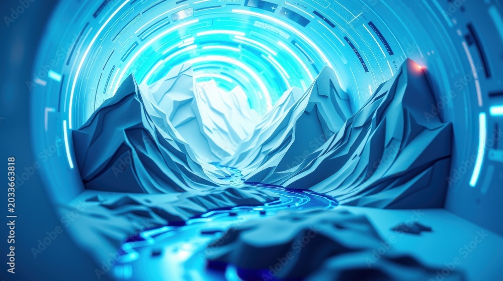 Obraz premium Futuristic tunnel, bright blue light, polygonal mountains. Digital art, abstract shapes, glowing rings create depth. Dramatic perspective.