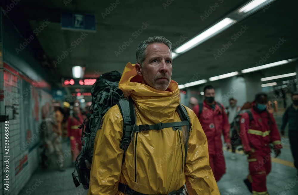Obraz premium Middle-aged man wearing a bright yellow hazmat suit with black accents in an indoor industrial or emergency setting
