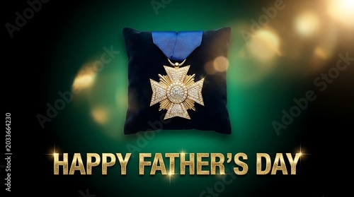 Diamond encrusted cross medal on a velvet cushion for Father's Day celebration with bokeh