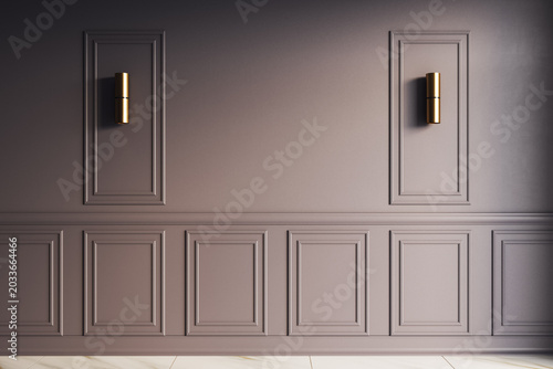 Elegant blank interior wall with decorative panels and modern lights creating...