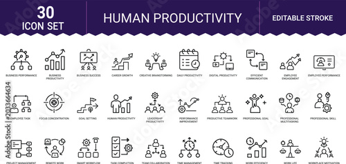 Human productivity business line art icons set, time management, goal setting, efficiency, focus, performance, task management, teamwork, motivation, work balance, Web icon, App icon, Outline icon