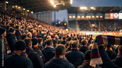 Spectators in a stadium enjoying a football match, showing unity and passion with scarves