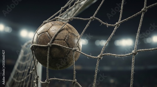 Close-up of a vintage soccer ball caught in the net, symbolizing victory and the thrill of the game