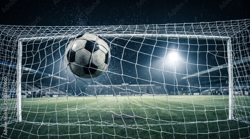 Fototapeta premium A soccer ball soaring into a net during a game on a misty night, under stadium lights