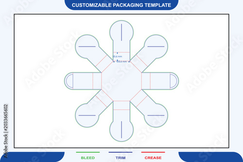 Photos Octagon tray box dieline template with eight petal-shaped flaps, featuring color