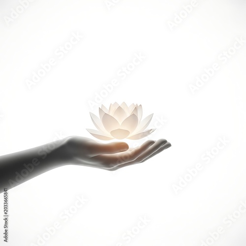 A conceptual image of a human hand holding a glowing lotus flower.