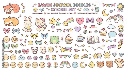 Фотография Kawaii journal doodles sticker set with happy faces and tiny animals isolated on