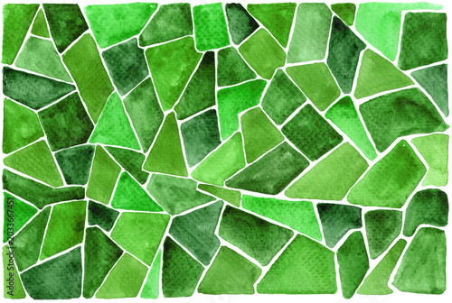 Fotografía Watercolor mosaic illustration with numerous green geometric shapes