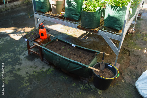 Extreme high angle left side view of kangkung seedling transplanting activity with grow bag planter, seedling tray, hand sprayer, and soil preparation tools outdoors.