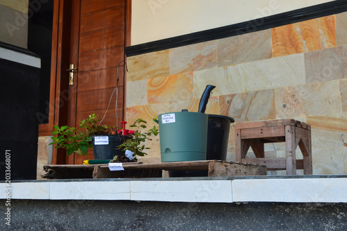 Quarter right low angle photograph featuring Golden Globes Loosestrife hanging plant beside a nordic reservoir planter with gardening tools and soil preparation equipment outdoors.