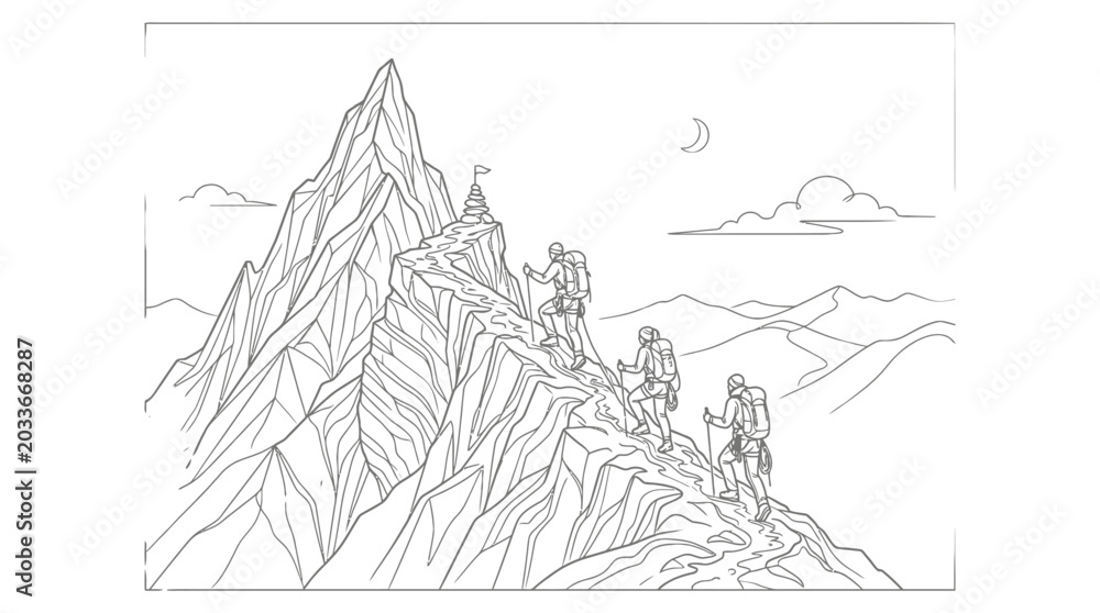 Fototapeta premium Hikers climbing a steep mountain peak.