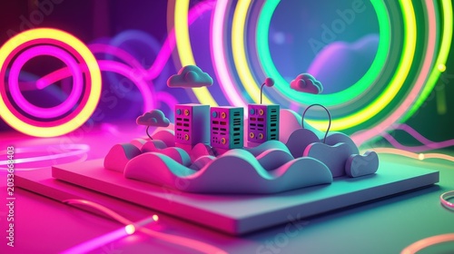 Bright server farm scene. Colorful neon rings surround miniature buildings atop wavy platform. Clouds accent digital landscape.