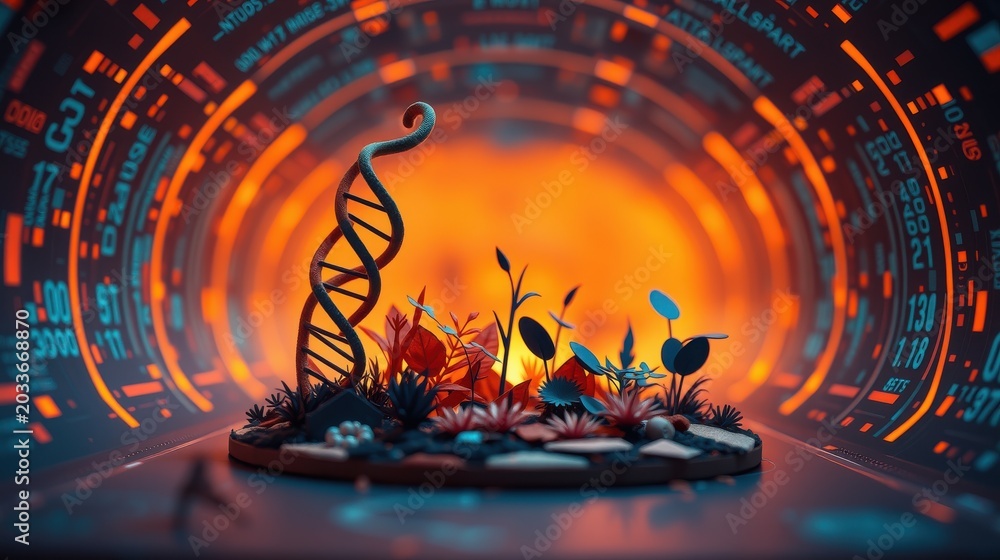 Obraz premium Futuristic scene depicts dna structure, plants, glowing tunnel. Orange light dominates, creating dramatic effect. Digital art style.