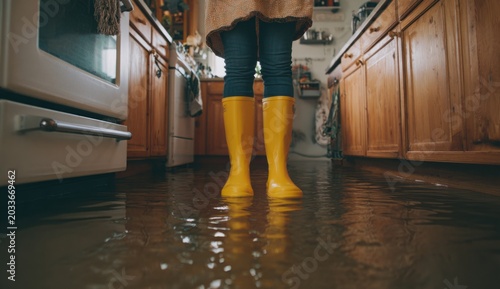 Person standing in flooded kitchen wearing bright yellow rubber rain boots and dark pants