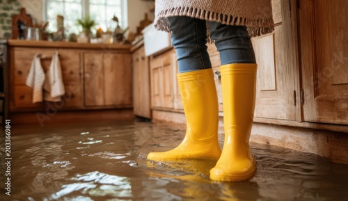 Person wearing bright yellow rubber rain boots standing in a flooded wooden floor indoors