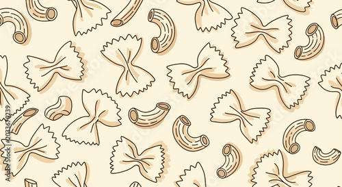 seamless italian pasta pattern with farfalle and macaroni on a light background ideal for food packaging and cooking blogs.