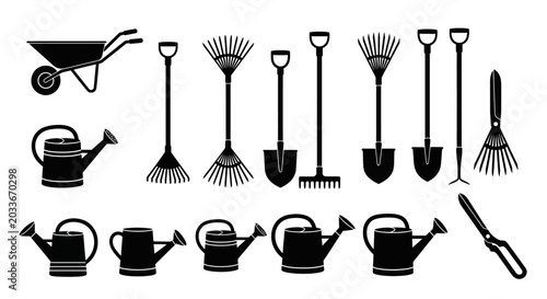 a complete set of gardening tools and equipment in vector silhouettes featuring a wheelbarrow rakes shovels and watering cans.