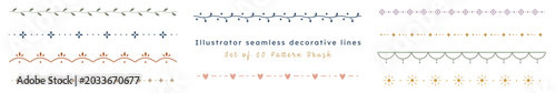 Set of illustrator seamless decorative lines, ornamental pattern brush collection with elegant borders, swirls and repeating motifs. Creative divider and edge design graphic bundle