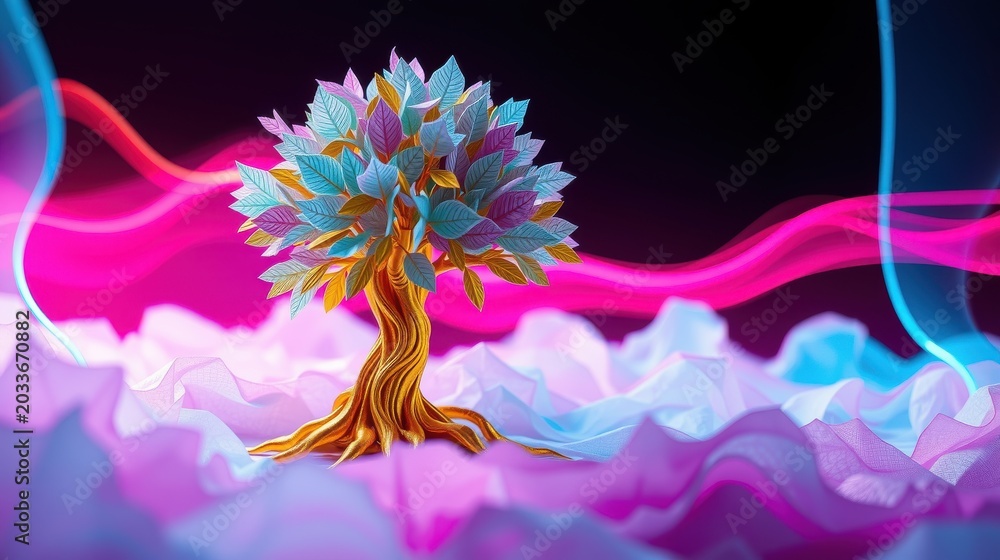 Obraz premium Vibrant tree stands amid flowing waves, illuminated by colorful light. Dramatic scene evokes fantasy, energy, beauty.