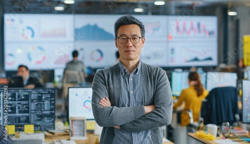 Professional data scientist in a modern office environment analyzing data on large display screens with graphs and charts