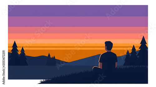 Minimalist flat illustration of a solitary figure seated on a hillside contemplating a breathtaking multi-layered sunset landscape.