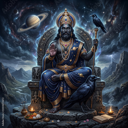 Majestic Lord Shani Dev seated on a divine throne with his crow and cosmic aura