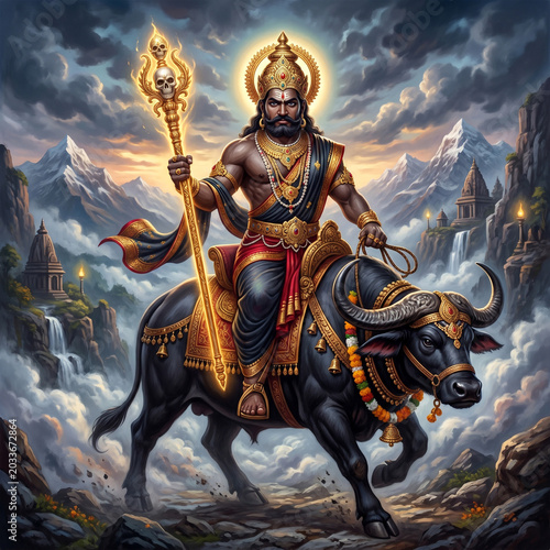 Lord Yama riding a powerful...