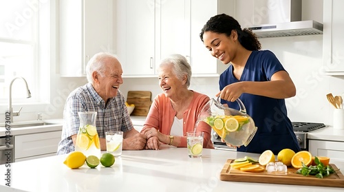Female caregiver pouring citrus water for senior couple enjoying intergenerational social time