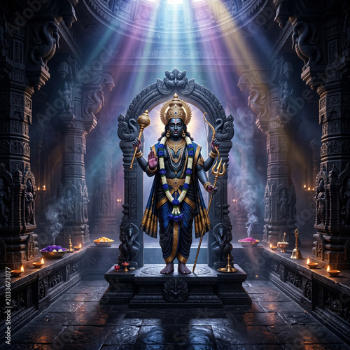 Majestic Lord Vishnu standing in a traditional Hindu temple with divine light rays