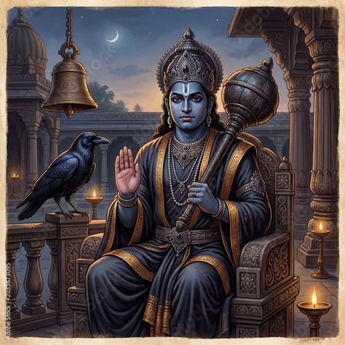 Lord Shani Dev Seated on Throne with Ritual Bell and Crow
