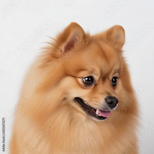Close-up of a fluffy, light brown Pomeranian with a cute, slightly mischievous expression, black nose, and big, dark eyes. The background is plain white
